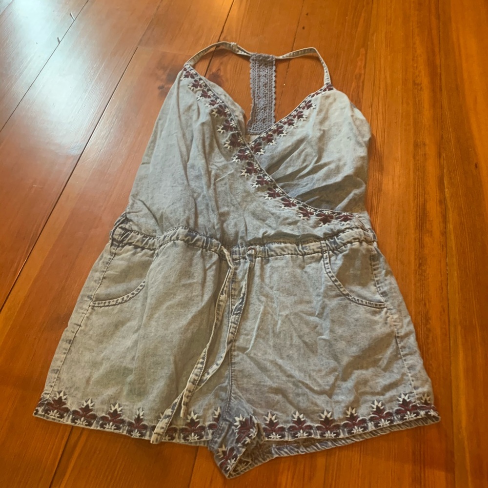 Embroidered denim romper